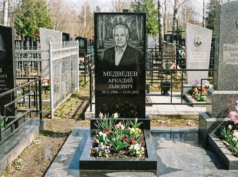 Памятник с гравировкой берёзы — гравировка берёзовой рощи в глубину, работа «Медведев» в Томске