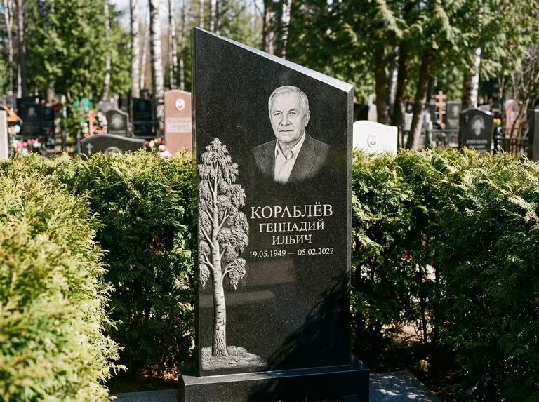 Памятник с гравировкой берёзы: асимметричная скошенная стела — объёмная одинокая берёза с фактурной корой, живая изгородь из туи, работа «Кораблёв» в Томске
