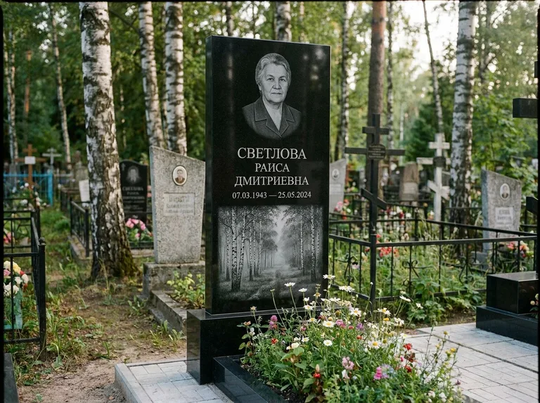 Памятник с гравировкой берёзы: двойная семейная стела — берёзовая роща в лёгкой дымке, цветник с полевыми цветами, работа «Светлова» в Томске