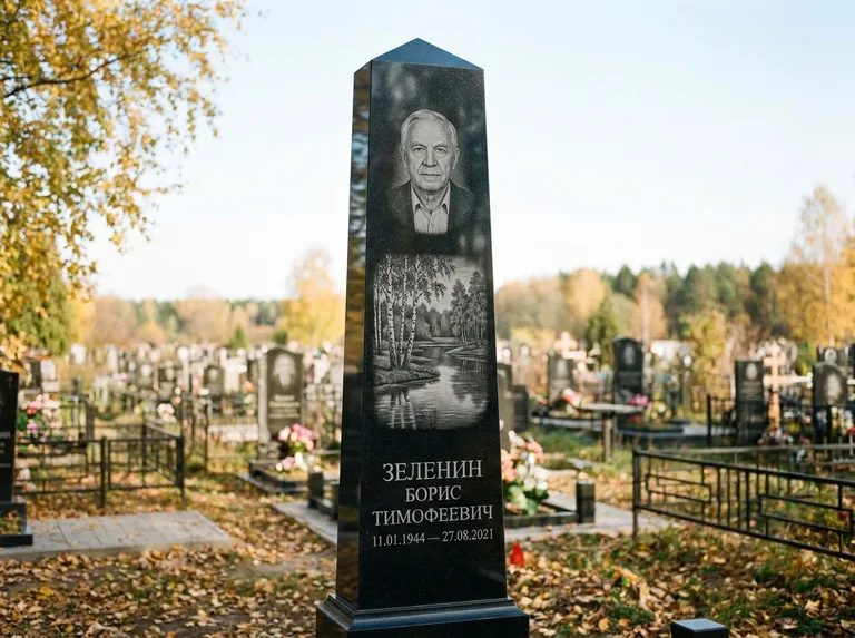 Памятник с гравировкой берёзы: гранёный обелиск-колонна — берёза у воды с отражением, открытый участок, мягкий свет, работа «Зеленин» в Томске