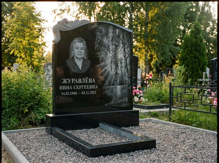 Памятник с гравировкой берёзы: стела с фигурным резным верхом — плакучая берёза в контровом свете, гравийная отсыпка, рассвет, работа «Журавлёва» в Томске