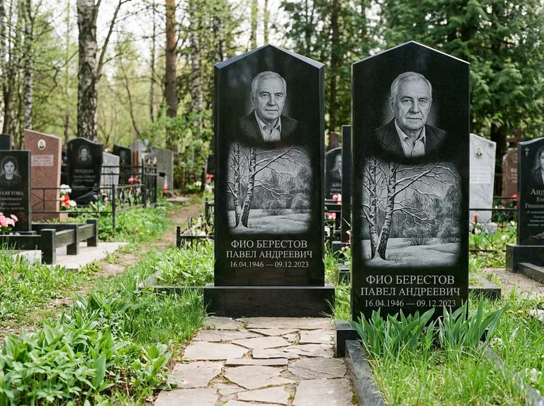 Памятник с гравировкой берёзы: массивная стела с двускатным навершием — зимняя берёза, снег на ветвях, дорожка из природного плитняка, работа «Берестов» в Томске