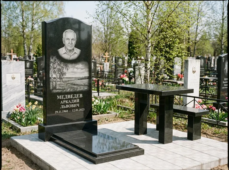 Памятник с гравировкой берёзы: стела с гранитным столиком и скамьёй — берёза у поля, простор до горизонта, семейный участок с плиткой, работа «Медведев» в Томске