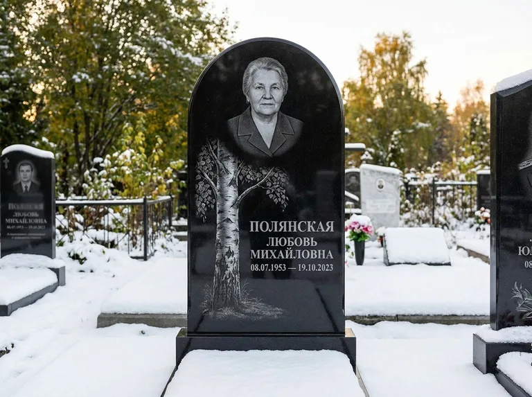 Памятник с гравировкой берёзы: полукруглая стела — объёмная одинокая берёза с фактурной корой, заснеженный зимний участок, работа «Полянская» в Томске