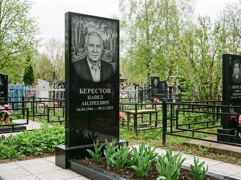 Памятник с гравировкой берёзы — гравировка берёзовой рощи в глубину, работа «Берестов» в Томске