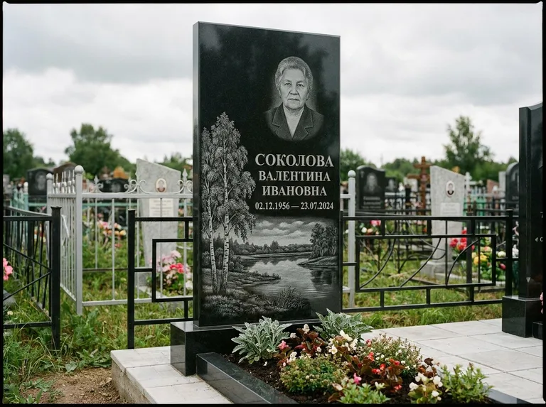 Памятник с гравировкой берёзы — гравировка берёзы у зеркального озера, работа «Соколова» в Томске