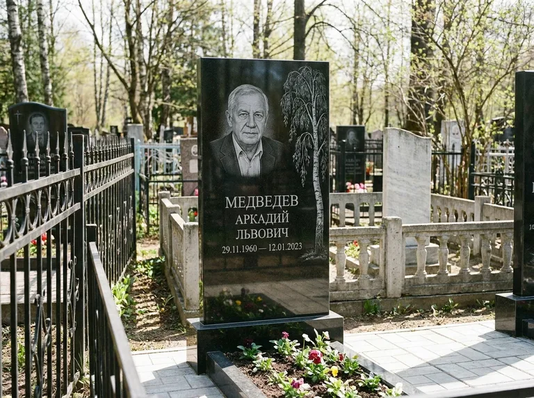 Памятник с гравировкой берёзы — гравировка плакучей берёзы с тонкими ветвями, работа «Медведев» в Томске