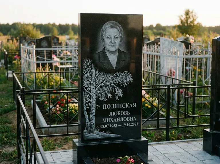 Памятник с гравировкой берёзы — гравировка зимней берёзы в инее, работа «Полянская» в Томске