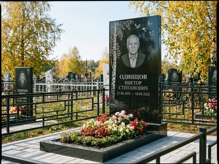 Памятник с гравировкой берёзы — гравировка берёзы с журавлиным клином в небе, работа «Одинцов» в Томске
