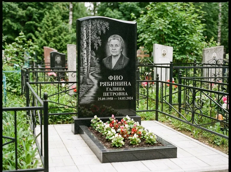 Памятник с гравировкой берёзы — гравировка берёзы у тропинки, уходящей вдаль, работа «Рябинина» в Томске