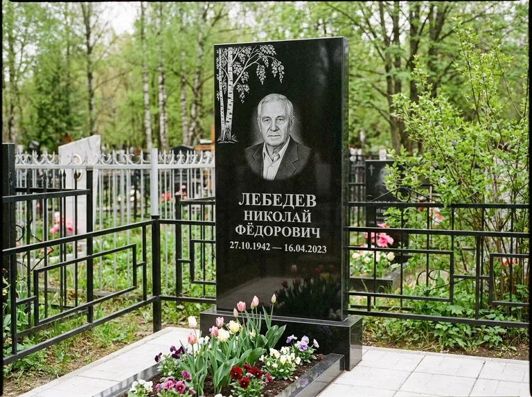 Памятник с гравировкой берёзы — гравировка одинокой берёзы над именем, работа «Лебедев» в Томске