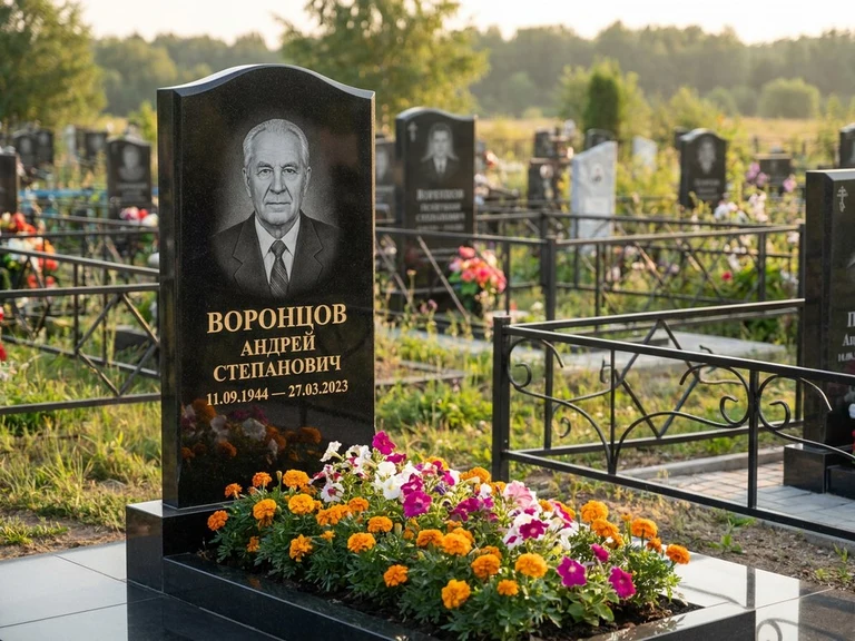Гравировка фото на памятнике в Томске — готовый гравированный портрет на чёрном граните