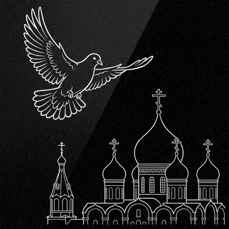 Эскиз гравировки голубей на памятник — голубь в небе над храмом в Томске