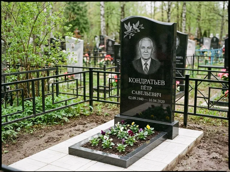 Памятник с гравировкой голубей — гравировка пары голубей на ветке в верхнем углу стелы, работа «Кондратьев» в Томске