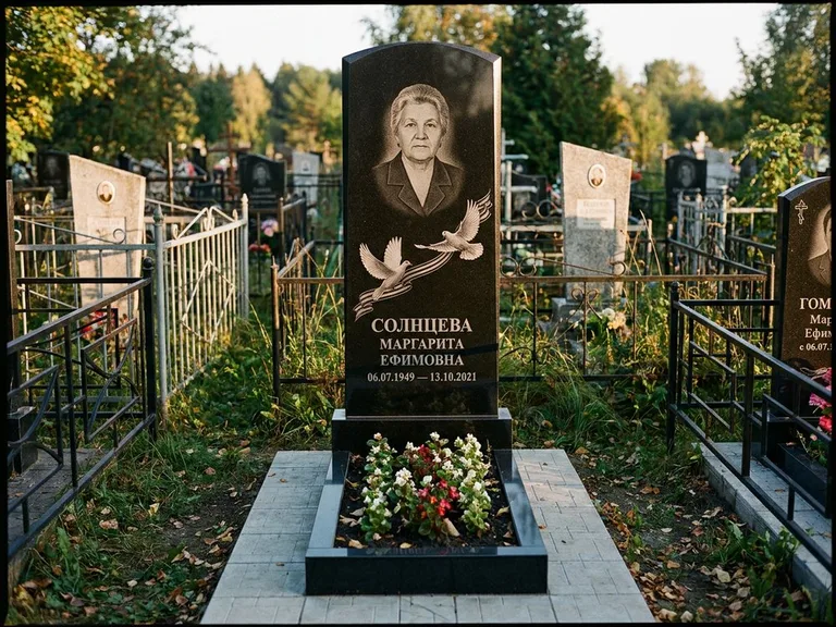 Памятник с гравировкой голубей — гравировка двух летящих голубей с лентой по диагонали стелы, работа «Солнцева» в Томске
