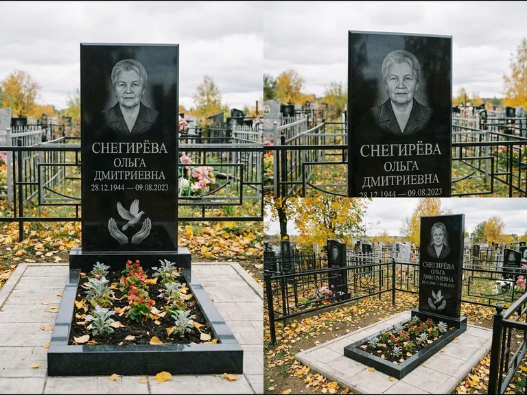 Памятник с гравировкой голубей — гравировка голубя над раскрытыми ладонями внизу стелы, работа «Снегирёва» в Томске