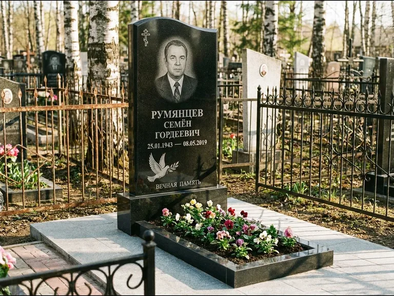 Памятник с гравировкой голубей — гравировка голубя с оливковой ветвью рядом с эпитафией, работа «Румянцев» в Томске
