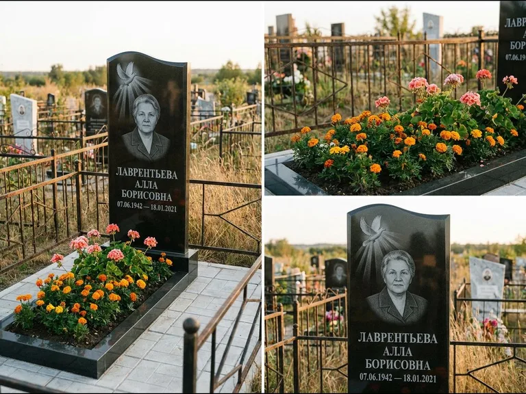 Памятник с гравировкой голубей — гравировка голубя в лучах света над портретом, работа «Лаврентьева» в Томске