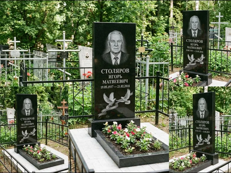 Памятник с гравировкой голубей — гравировка двух летящих голубей с лентой по диагонали стелы, работа «Столяров» в Томске
