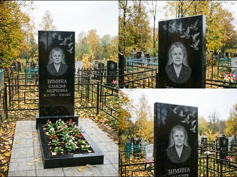 Памятник с гравировкой голубей — гравировка стаи голубей, взлетающей от угла стелы, работа «Зимина» в Томске