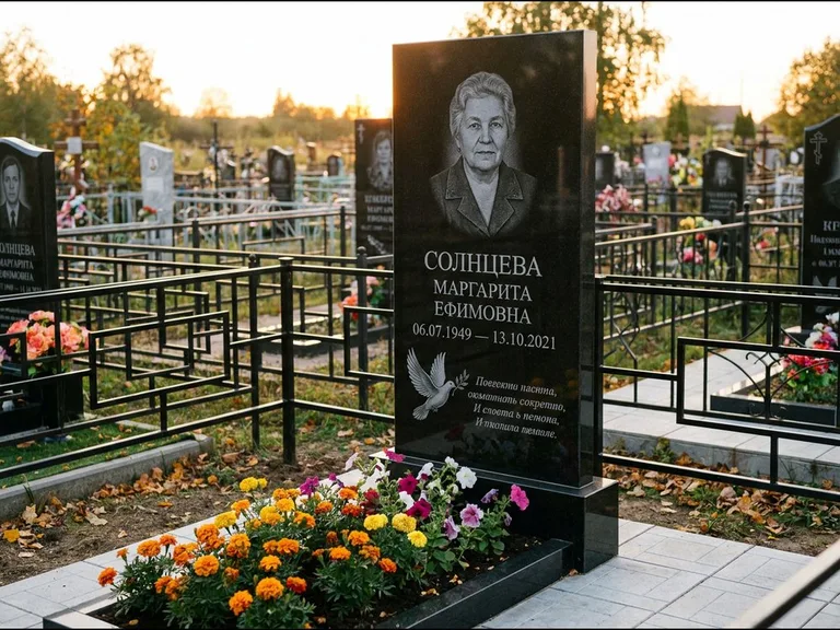 Памятник с гравировкой голубей — гравировка голубя с оливковой ветвью рядом с эпитафией, работа «Солнцева» в Томске