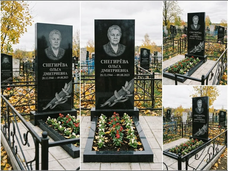 Памятник с гравировкой голубей — гравировка двух летящих голубей с лентой по диагонали стелы, работа «Снегирёва» в Томске