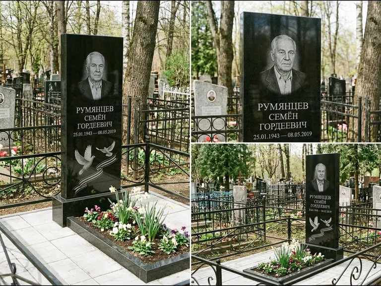 Памятник с гравировкой голубей — гравировка двух летящих голубей с лентой по диагонали стелы, работа «Румянцев» в Томске