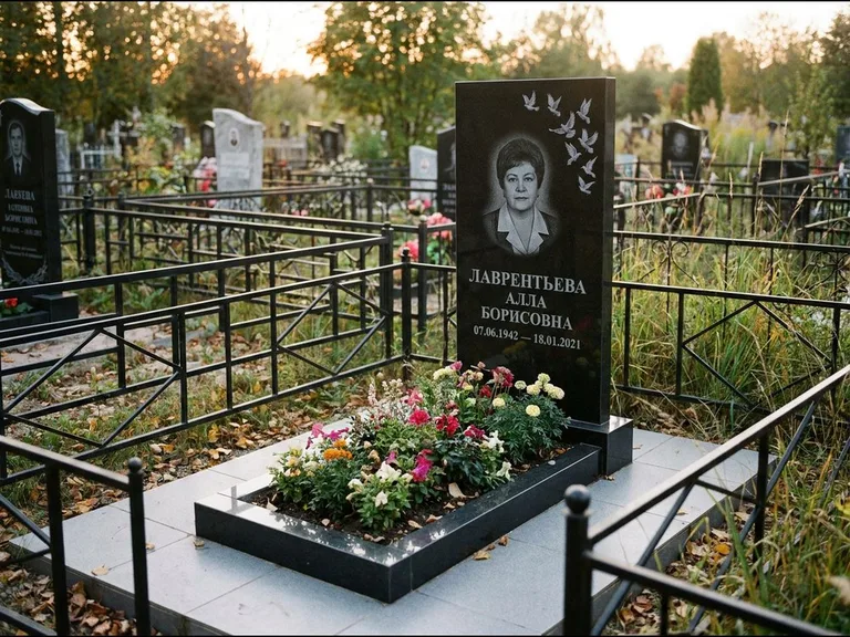 Памятник с гравировкой голубей — гравировка стаи голубей, взлетающей от угла стелы, работа «Лаврентьева» в Томске