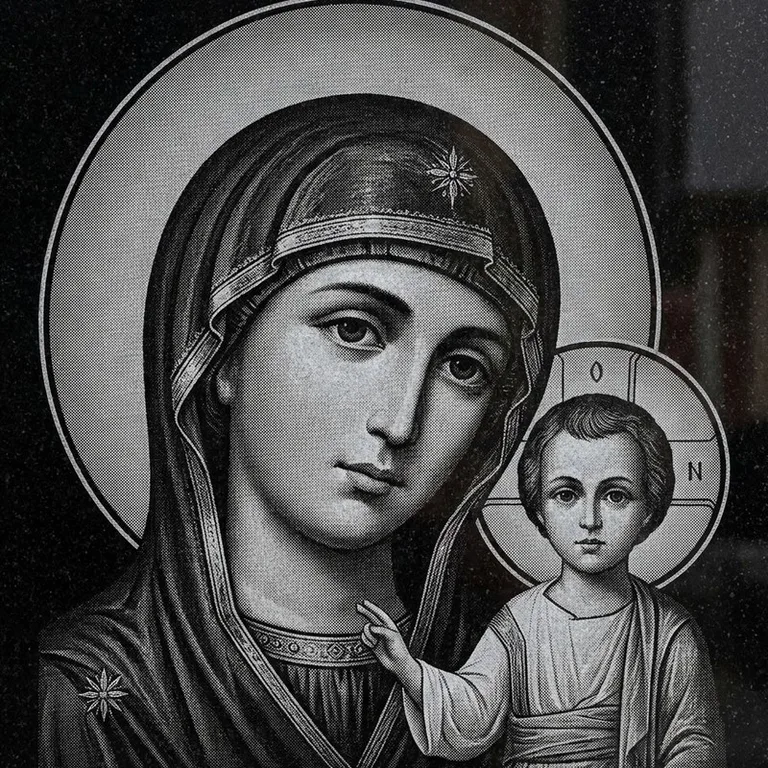 Эскиз иконы: Казанская (полутон) — детальный образ Богородицы, гравировка на памятник в Томске