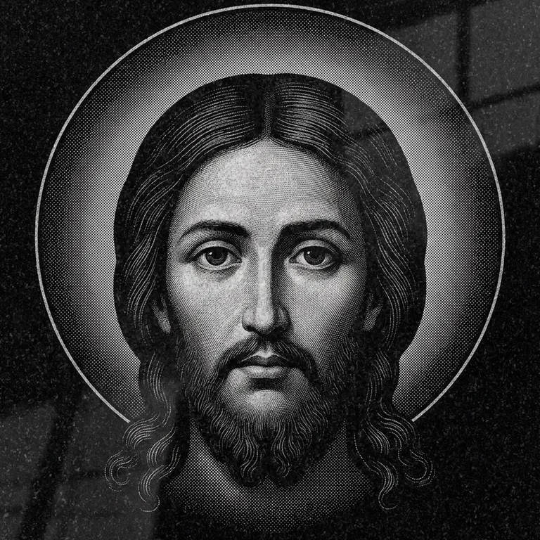 Эскиз иконы: Спас Нерукотворный (полутон) — детальный лик на убрусе, гравировка на памятник в Томске
