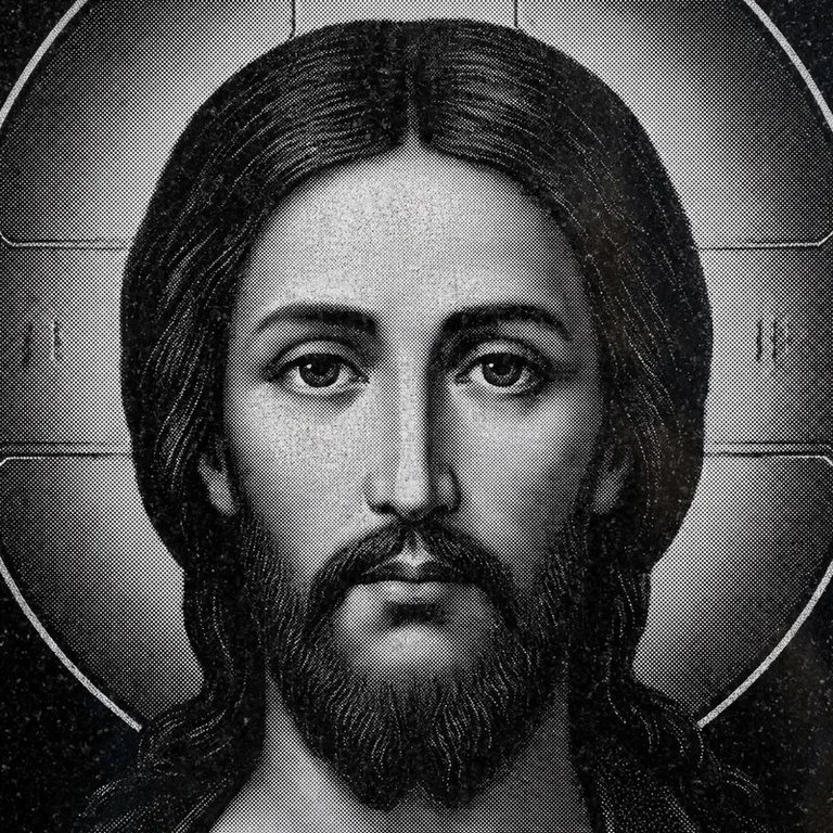Эскиз иконы: Спас Вседержитель (полутон) — объёмный лик, светотень, гравировка на памятник в Томске