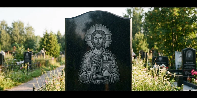 Иконы для гравировки на памятник в Томске — образ на стеле из чёрного гранита с ручной доводкой лика