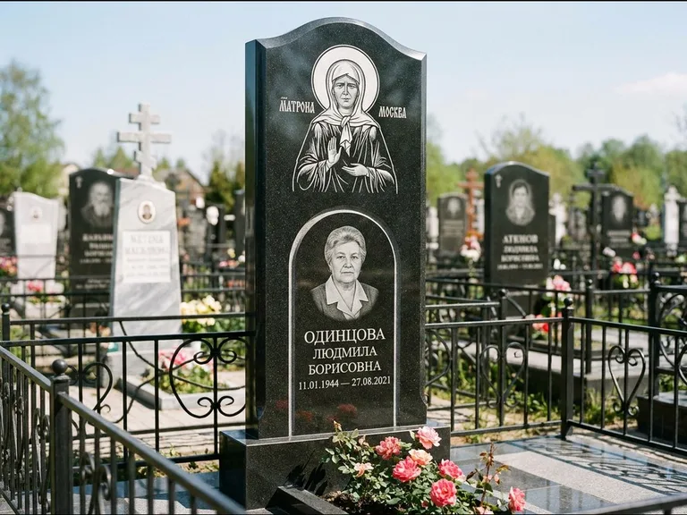 Памятник с гравировкой иконы — Владимирская икона Божией Матери с Младенцем, работа «Зотов» в Томске