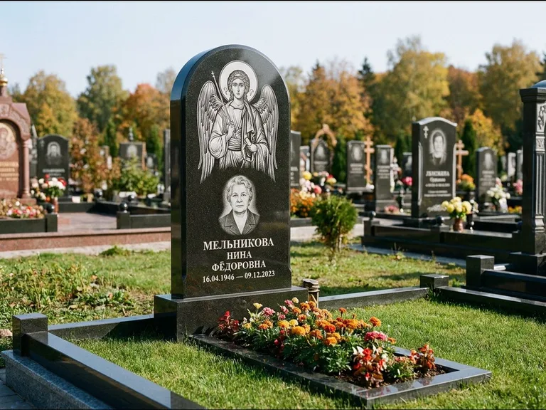 Памятник с гравировкой иконы — икона над портретом усопшего, работа «Журавлёв» в Томске