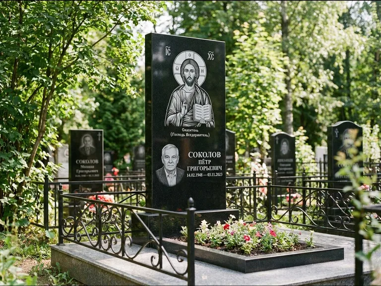 Памятник с гравировкой иконы — икона Спаса Вседержителя над именем усопшего, работа «Воронцова» в Томске