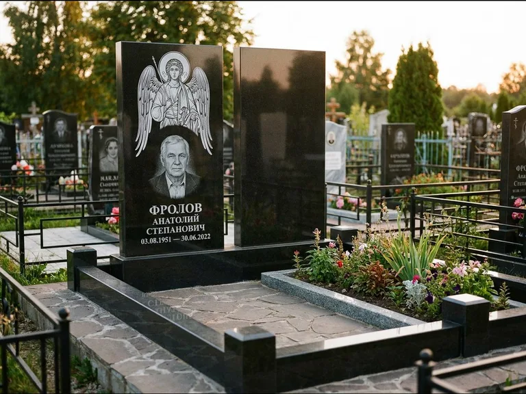 Памятник с гравировкой иконы: стела с резной рамкой вокруг иконы — Архангел Михаил на стеле, белая мраморная крошка с бордюром, работа «Богданова» в Томске