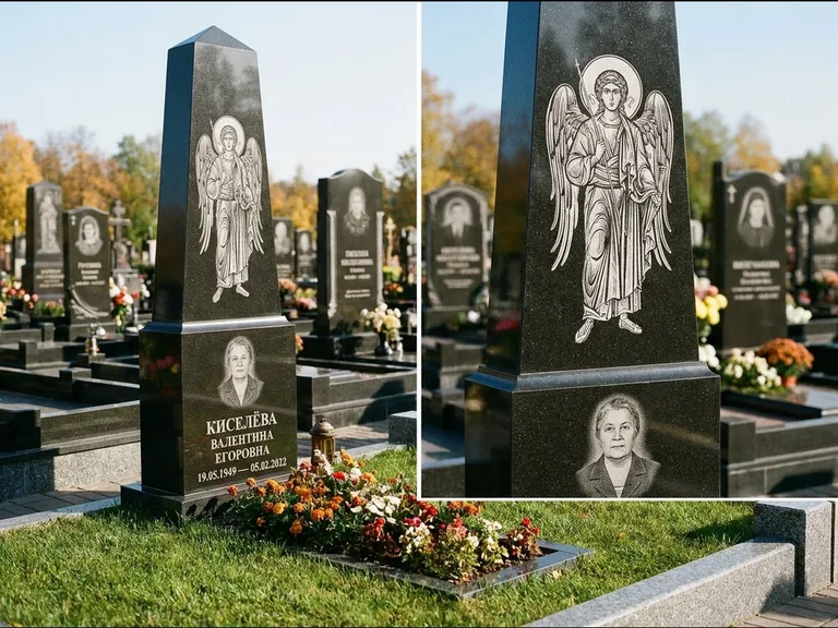 Памятник с гравировкой иконы: асимметричная скошенная стела — гравировка образа Спасителя, живая изгородь из кустарника, работа «Третьяков» в Томске