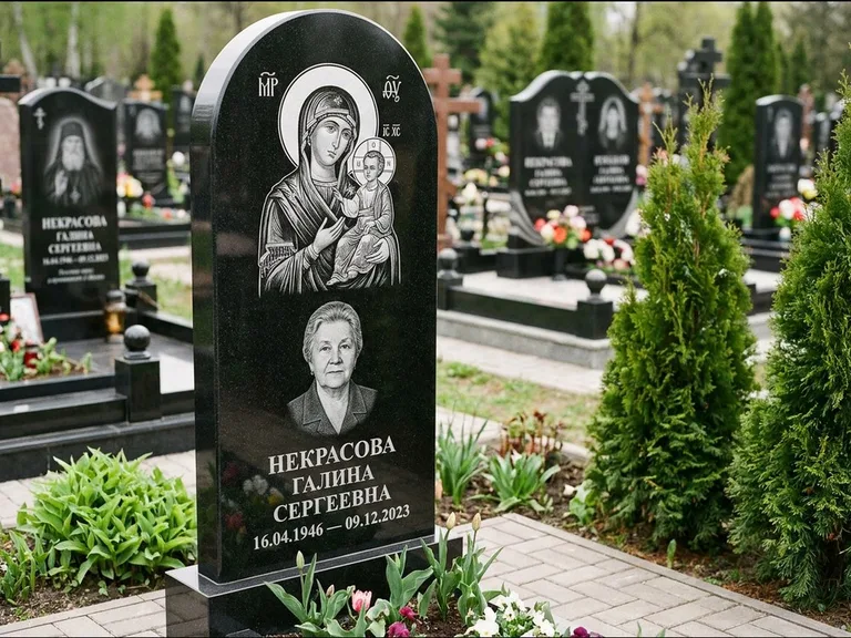 Памятник с гравировкой иконы: фигурная стела с киот-нишей под икону — икона в резной рамке-киоте, светлая гравийная отсыпка, работа «Журавлёв» в Томске