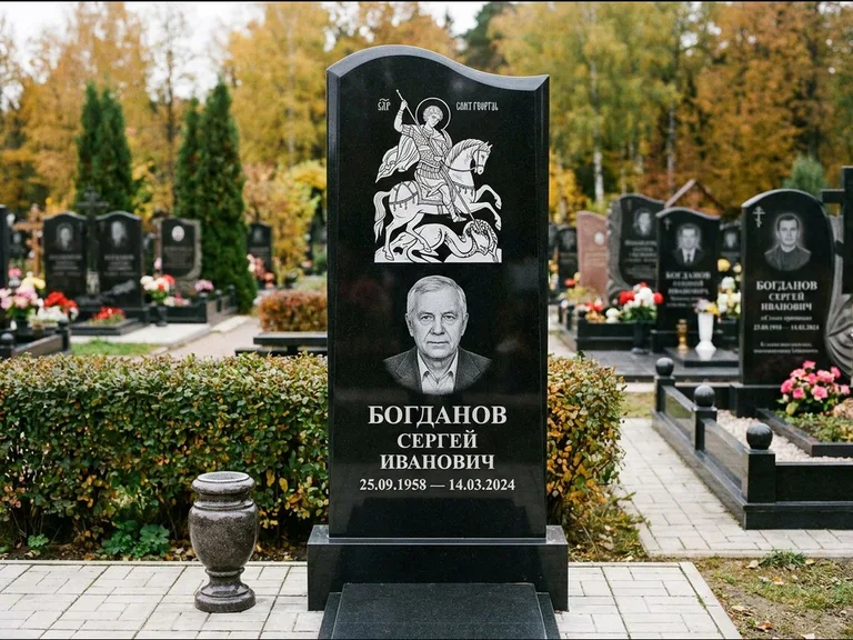 Памятник с гравировкой иконы: монументальный семейный мемориал из двух стел на общем цоколе — гравировка Николая Чудотворца, мощёная гранитная площадка без ограды, работа «Раевская» в Томске