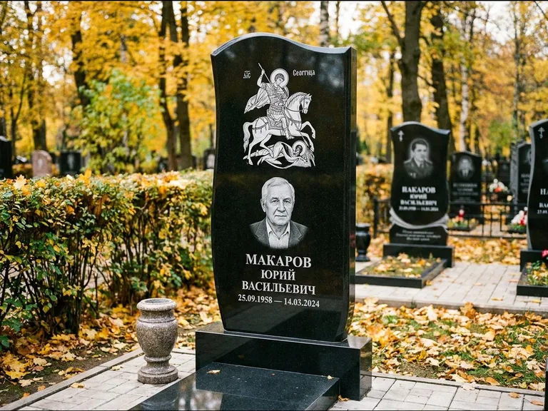 Памятник с гравировкой иконы — икона над портретом усопшего, работа «Раевская» в Томске
