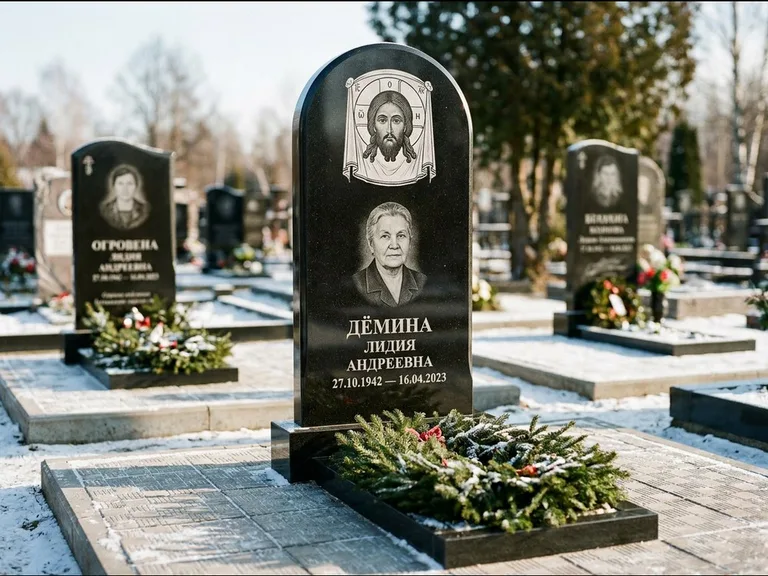 Памятник с гравировкой иконы — икона Спаса Вседержителя над именем усопшего, работа «Ковалёв» в Томске