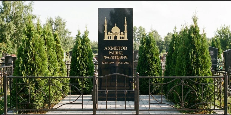 Гравировка мечети на памятник в Томске — стела из чёрного гранита, оформление по канонам ислама