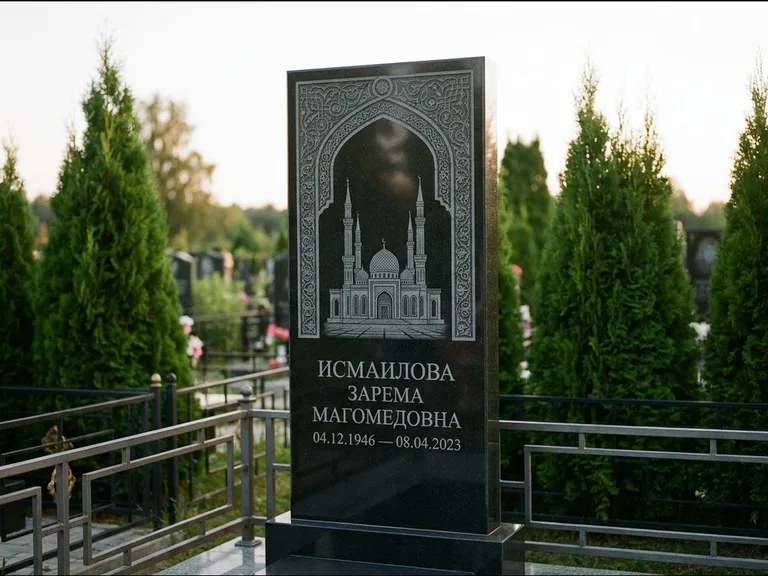 Мусульманский памятник с гравировкой мечети — мечеть в восточной арке с орнаментом, работа «Исмаилова» в Томске