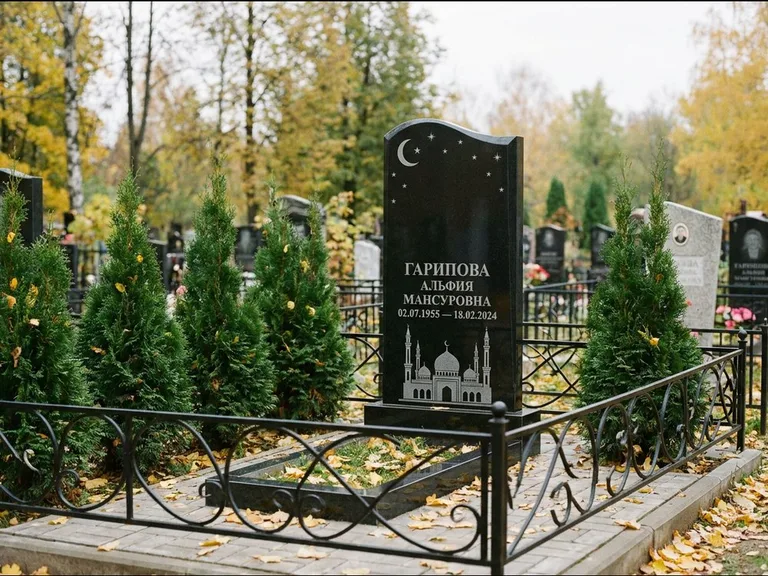 Мусульманский памятник с гравировкой мечети — мечеть с луной в ночном небе, работа «Гарипова» в Томске