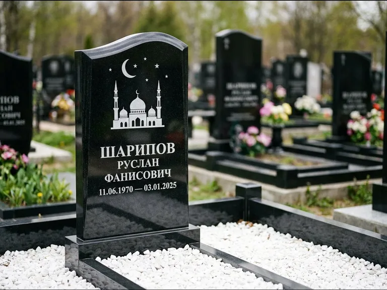 Мусульманский памятник с гравировкой мечети: стела с волнообразным скошенным верхом — гравировка мечети под полумесяцем и звёздами, белая мраморная крошка с бордюром, работа «Шарипов» в Томске