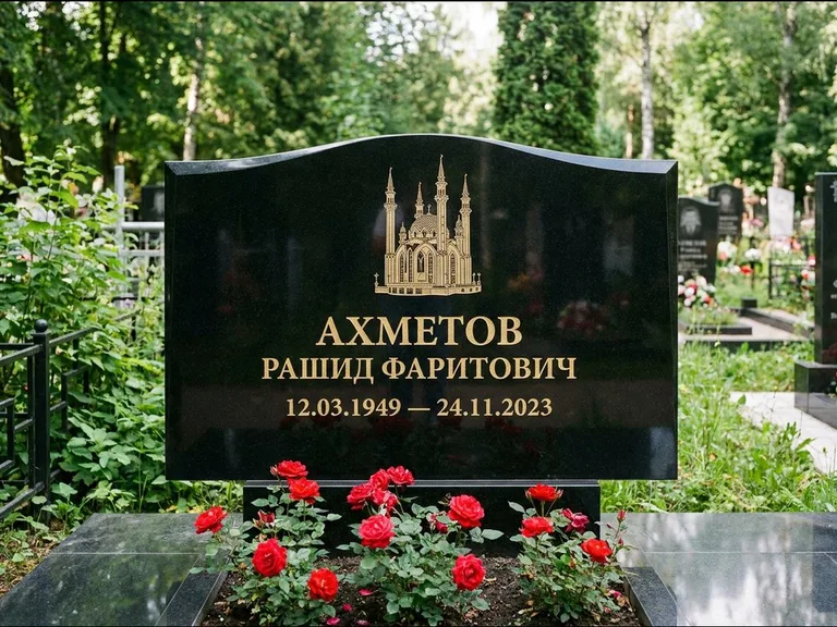 Мусульманский памятник с гравировкой мечети: широкая двойная семейная стела — золочёная гравировка мечети, цветник с красными розами, работа «Ахметов» в Томске