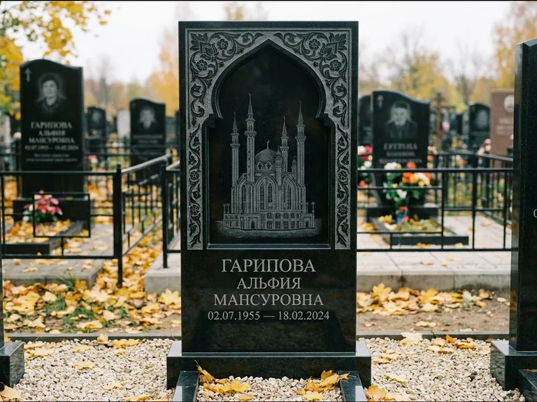 Мусульманский памятник с гравировкой мечети: фигурная стела с михраб-нишей — гравировка мечети в михраб-арке с орнаментом, светлая гравийная отсыпка, работа «Гарипова» в Томске