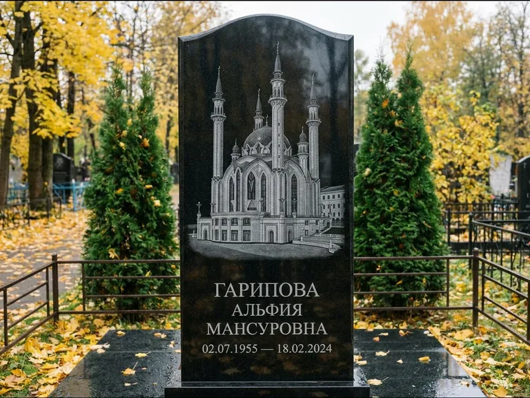 Мусульманский памятник с гравировкой мечети — мечеть Кул-Шариф на обороте стелы, работа «Гарипова» в Томске