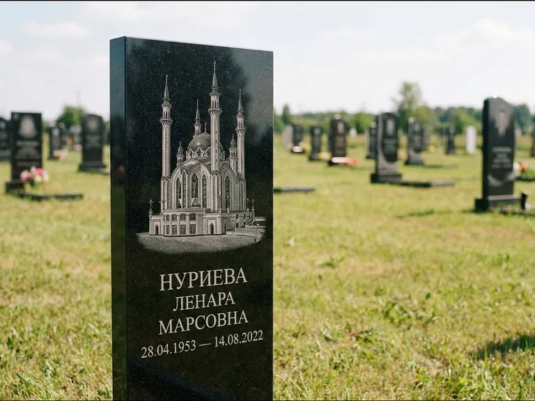 Мусульманский памятник с гравировкой мечети: узкая вертикальная стела-пилон — гравировка мечети в михраб-арке с орнаментом, открытая лужайка без ограды, работа «Хайруллина» в Томске