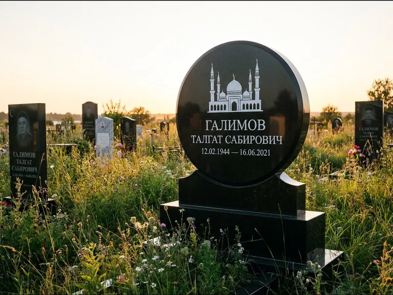 Мусульманский памятник с гравировкой мечети: округлая стела-медальон на тумбе — гравировка мечети в михраб-арке с орнаментом, луговые травы и полевые цветы, работа «Каримов» в Томске